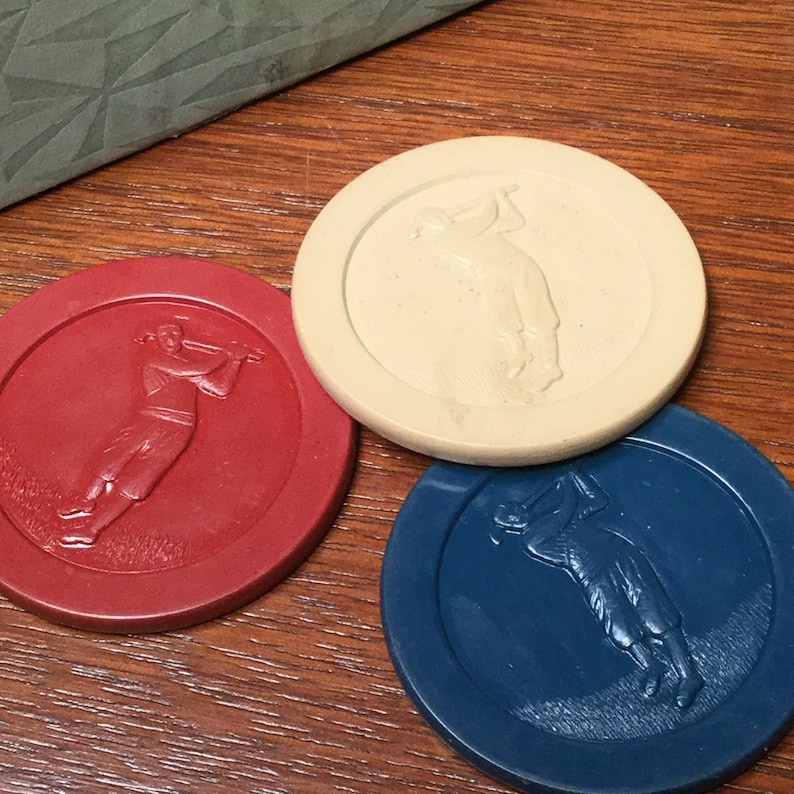 Box of 100 Vintage Embossed Golfer Composition Poker Chips in Red White and Blue Poker Night Vintage Poker Chips