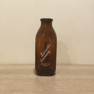 Vintage Lancaster MA Brown Glass Milk Bottle: Farmhouse Kitchen Decor