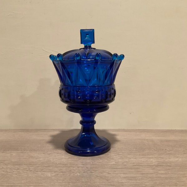 RESERVIERT Vintage 1960er Jahre Fostoria Crown Collection Cobalt Blue Chalice Covered Bowl Einzigartige Fußschale mit Deckel Fostoria Blue Glass