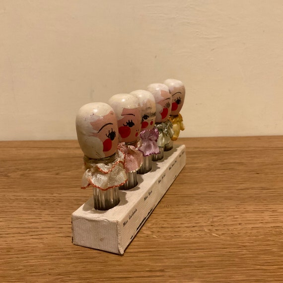 Set of 5 Vintage Small Perfume Bottles With Wooden Doll Head