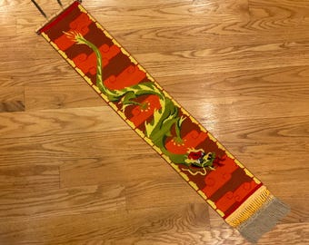 Vintage Needlepoint Chinese Tibetan Serpentine Dragon Wall Hanging, 46” in Length, Asian Home Decor