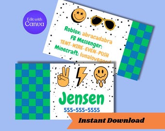 Carte de visite pour enfants Déménagement Restez en contact Camp d'été Cadeaux pour garçons Cartes Playdate Carte de visite Playdate pour ami en ligne Téléchargement numérique Canva