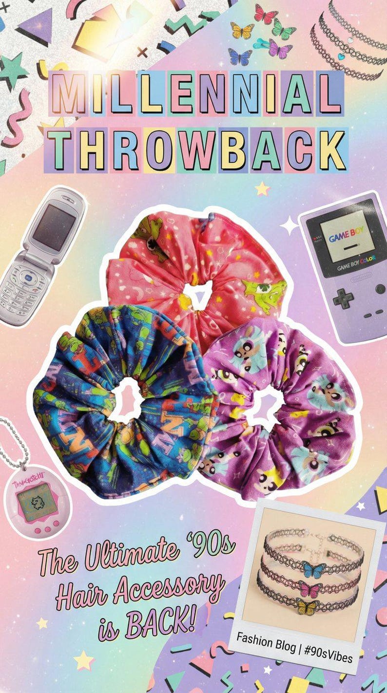 May include: A colourful collage with a flip phone, Game Boy Color, Tamagotchi, and three scrunchies. The text reads "Millennial Throwback" and "The Ultimate '90s Hair Accessory is BACK!"