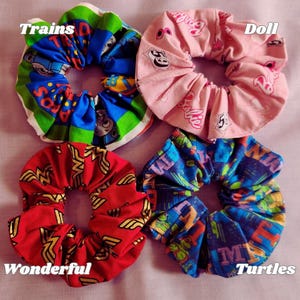 Video Game Character Scrunchies Nostalgic Hair Accessories Retro Style Collection Handmade Cotton Material Nineties Fashion Trend Millennial Aesthetic Design Vintage Inspired Pattern Cartoon Style Elements Colorful Hair Ties Gaming