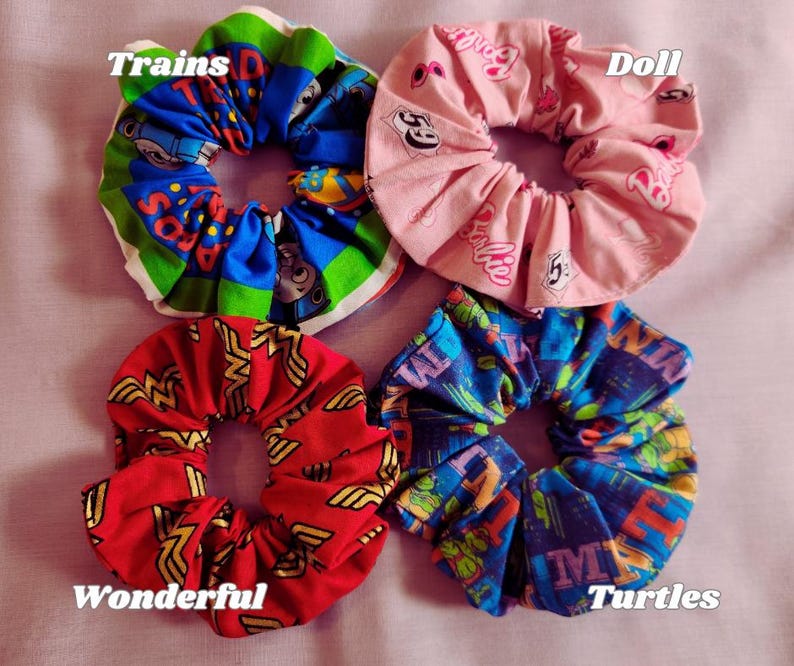 Video Game Character Scrunchies Nostalgic Hair Accessories Retro Style Collection Handmade Cotton Material Nineties Fashion Trend Millennial Aesthetic Design Vintage Inspired Pattern Cartoon Style Elements Colorful Hair Ties Gaming