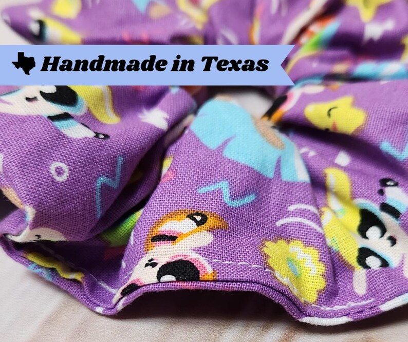 Nineties Style Scrunchies Nostalgic Hair Accessories Collection Handmade Cotton Ties Retro Aesthetic Design Video Game Character Inspired Elements Millennial Gift Idea Vintage Fashion Statement Colorful Pattern Pieces Comfortable Stretch