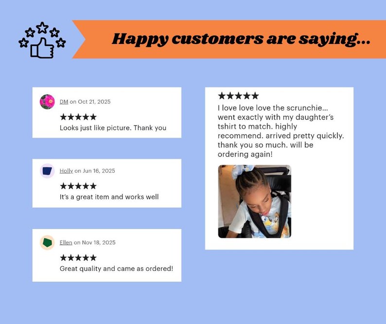 May include: Image showing customer feedback with a thumbs-up icon and stars. The text "Happy customers are saying..." is displayed above positive reviews about a scrunchie and other items. The background is light blue.