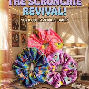 May include: The image shows a selection of scrunchies in pink, blue, and purple, with diverse patterns. Text reads "MILLENNIAL NOSTALGIA: THE SCRUNCHIE REVIVAL! 90s & 00s FAVES ARE BACK!". Also visible are a bracelet, a vintage camera, and a handheld games console.