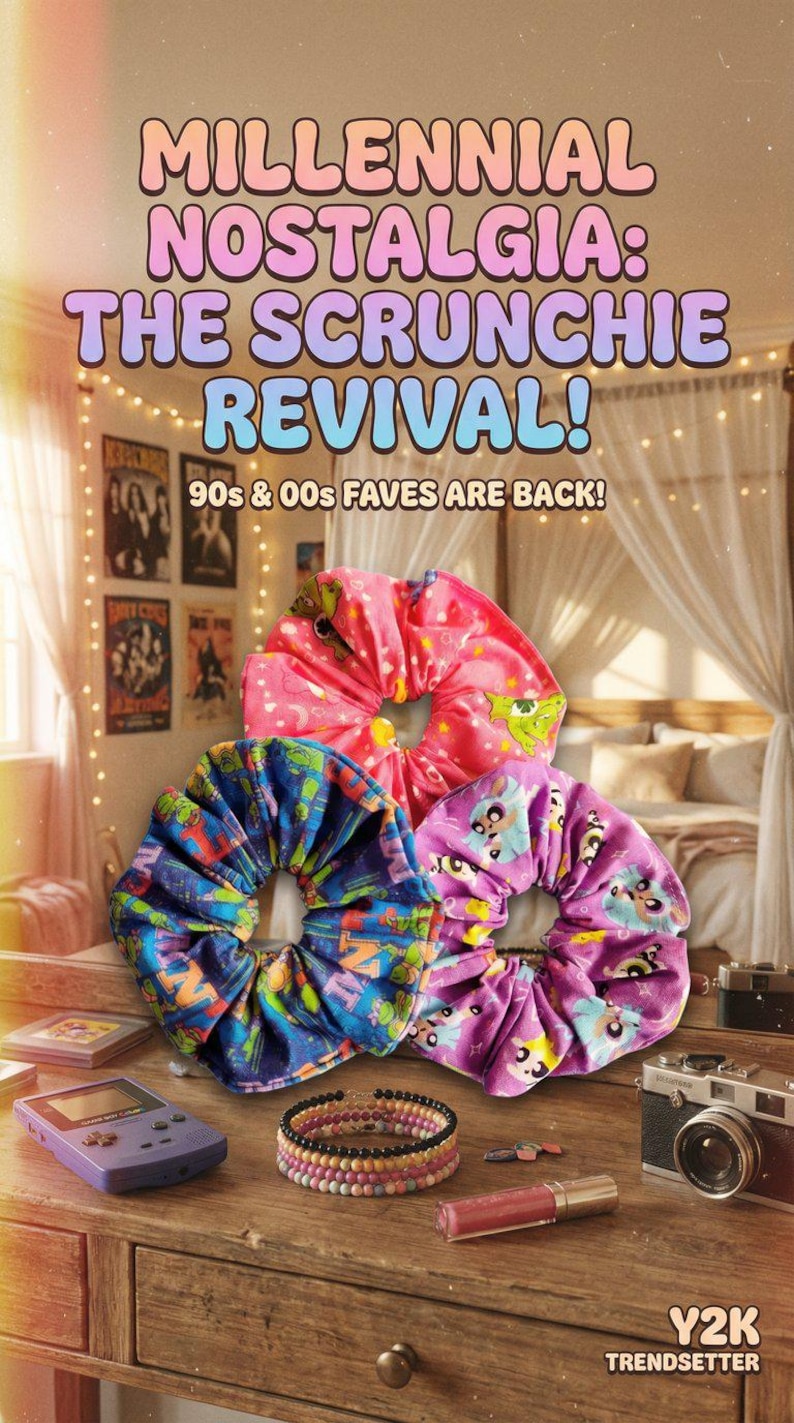 May include: The image shows a selection of scrunchies in pink, blue, and purple, with diverse patterns. Text reads "MILLENNIAL NOSTALGIA: THE SCRUNCHIE REVIVAL! 90s & 00s FAVES ARE BACK!". Also visible are a bracelet, a vintage camera, and a handheld games console.