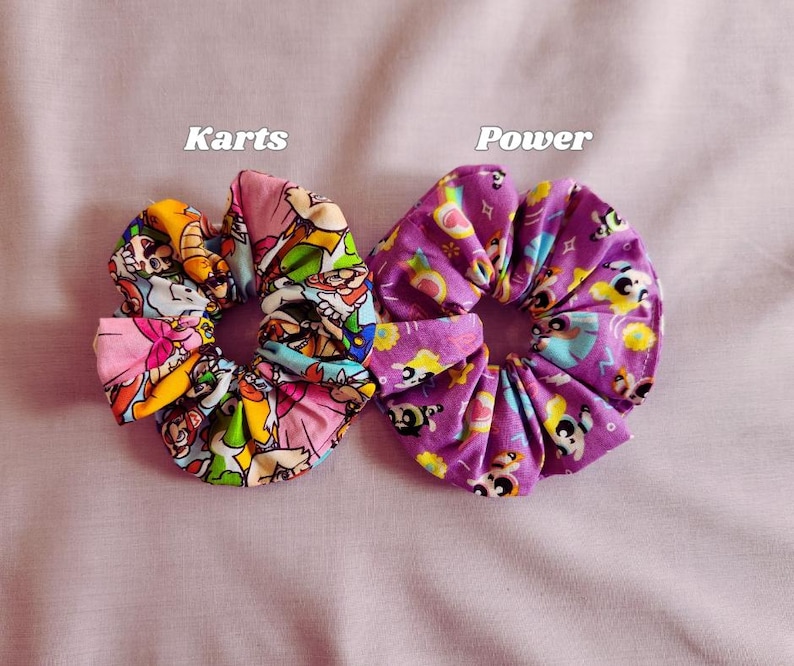 Video Game Character Scrunchies Nostalgic Hair Accessories Retro Style Collection Handmade Cotton Material Nineties Fashion Trend Millennial Aesthetic Design Vintage Inspired Pattern Cartoon Style Elements Colorful Hair Ties Gaming