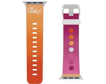 Lesbian Pride Watch Band for Apple Sublte LGBTQ Design - Ombre Orange and Violet with Flag Colors Dots Free Initials or Name