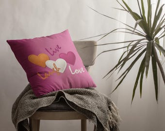 Subtle and Fun LGBTQ / Lesbian Pillow Cover Faux Patch Hearts & 'Live Laugh Love' in the Lesbian Pride Flag Colors Gift for her