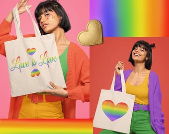 Pride Rainbow Love is Love Canvas Tote Bag, LGBTQ Heart Tote Free Name Personalization