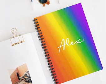 LGBTQ Bright Diagonal Gradient Rainbow Personalized Spiral Notebook | Personalized Name Journal