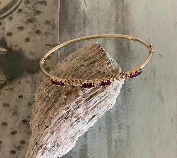 14K Solid Gold Ruby and Diamond Elegant Bangle Br… - image 2