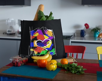 PRIDE LGBTQ Rainbow Tote, Artistic Tote Bag, Heart Colorful Cotton Rainbow Black Tote Bag, Eco-Friendly Shopping Bag