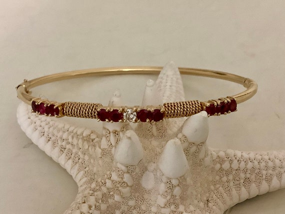 14K Solid Gold Ruby and Diamond Elegant Bangle Br… - image 6