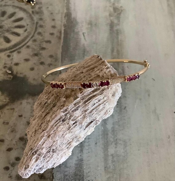 14K Solid Gold Ruby and Diamond Elegant Bangle Br… - image 1