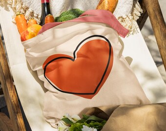 Orange Heart Custom Tote Bag Minimalist Modern Design Cotton Canvas Tote Bag, Eco-Friendly Reusable Shopping Bag, Valentine's Day Gift,