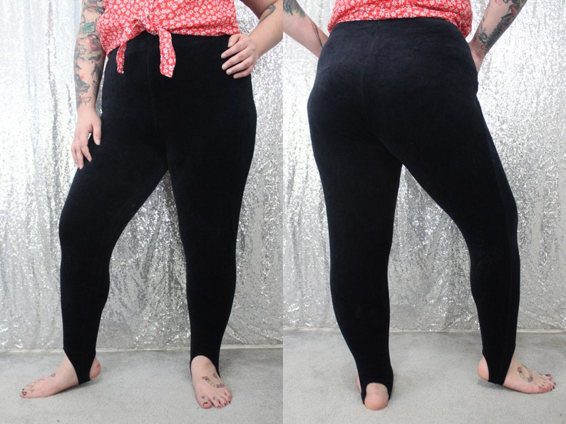 80s vintage black velour velvet stretchy leggings with stirrups size XL XXL Large