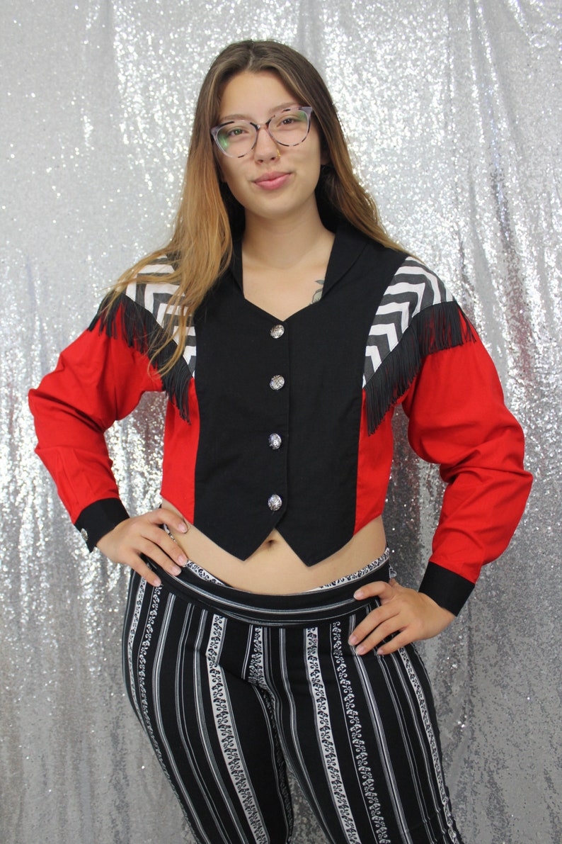 white 80s vintage Panhandle Slim cropped button up western blouse with fringe in black size Medium Large and red