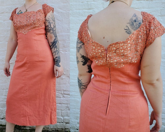 50s / 60s coral pink linen wiggle cocktail dress … - image 1