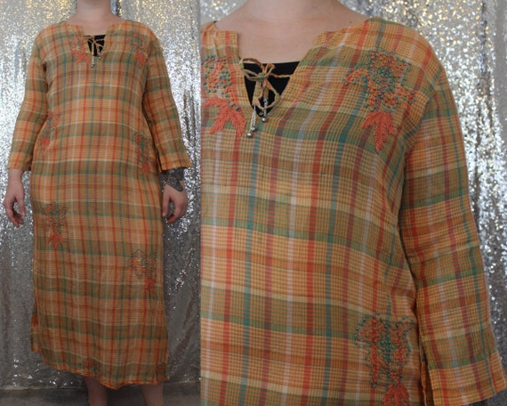20s / 30s style peach plaid gauze cotton dress by