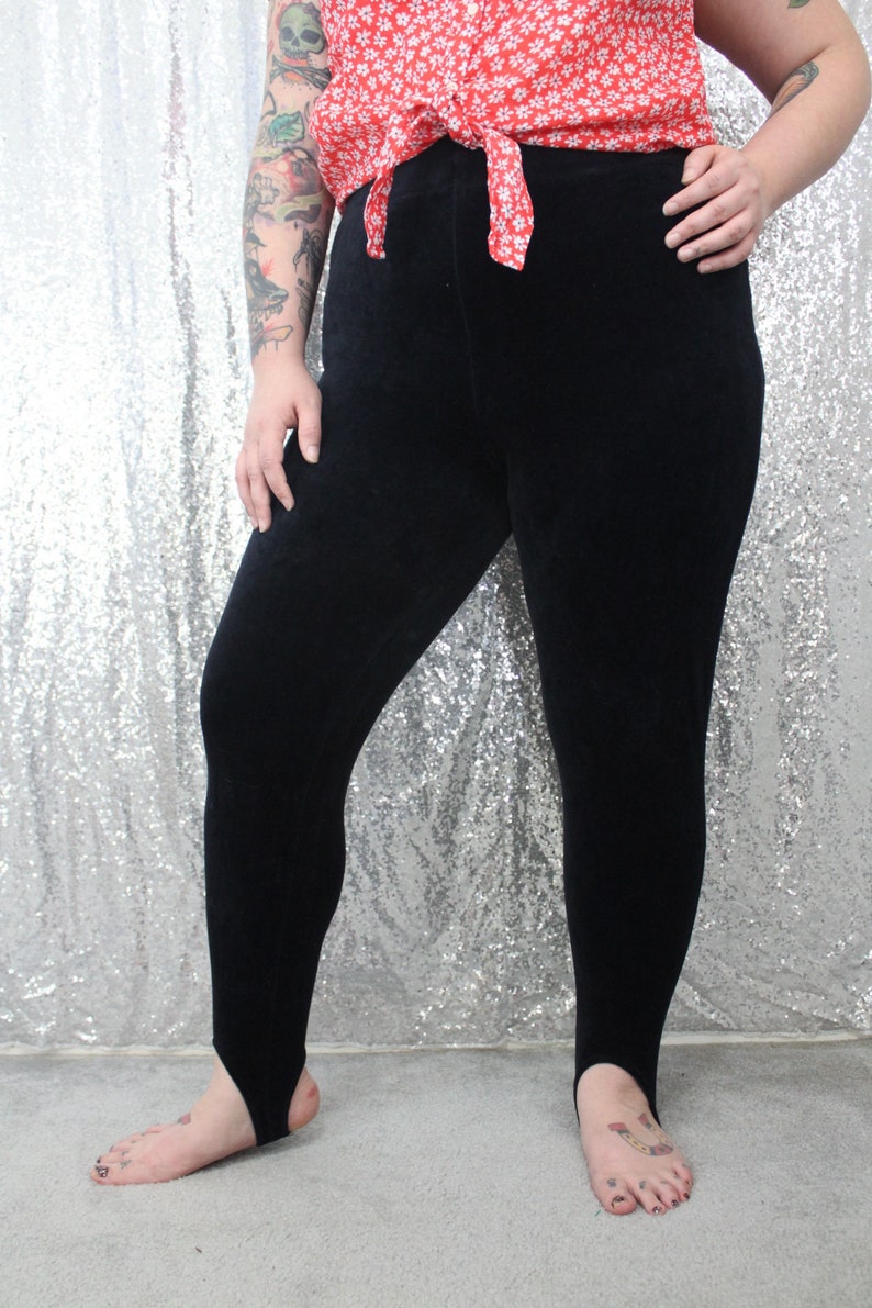 80s vintage black velour velvet stretchy leggings with stirrups size XL XXL Large