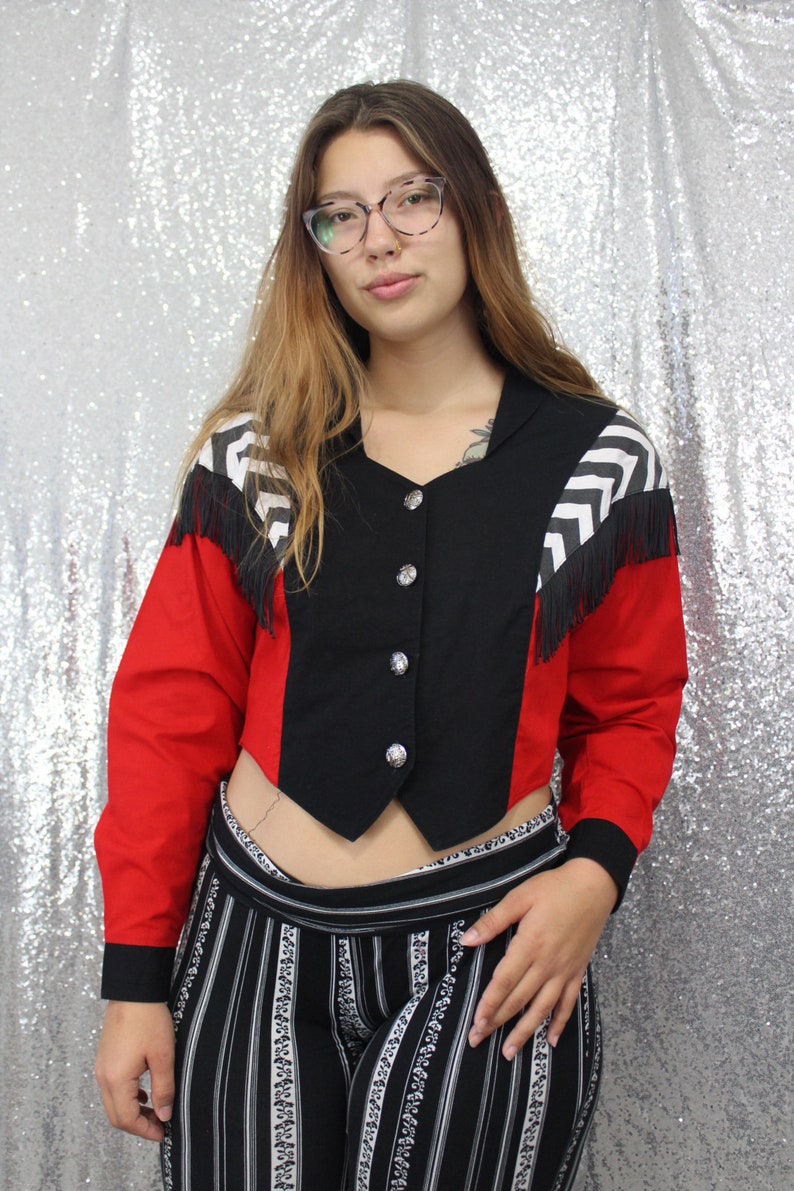 white 80s vintage Panhandle Slim cropped button up western blouse with fringe in black size Medium Large and red
