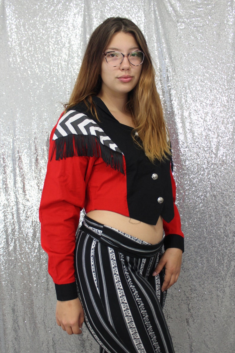 white 80s vintage Panhandle Slim cropped button up western blouse with fringe in black size Medium Large and red