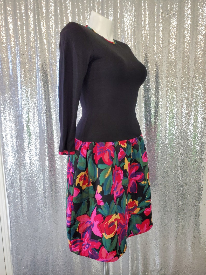 90s funky fugly flowers watercolor 80s vintage black drop waist dress with quilted pink /& yellow floral skirt and trim size medium large