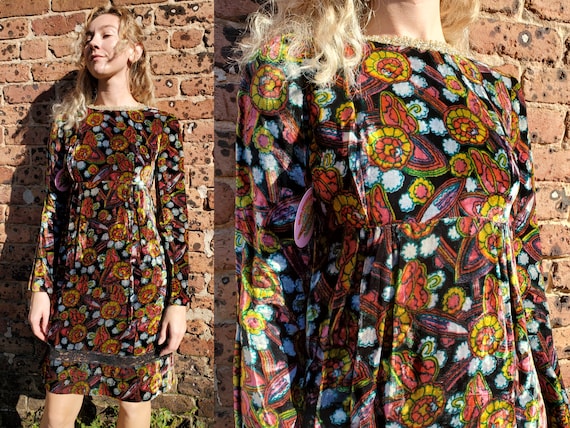 Vintage 1960s Velvet Rainbow Pom Pom Dot Mini Dress