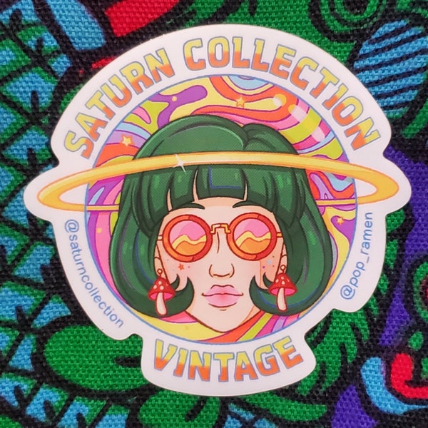 Saturn Collection / Pop Ramen sticker - psychedelic groovy gal blush daisy green hair Vintage shop stardust spacy label 3" one of a kind