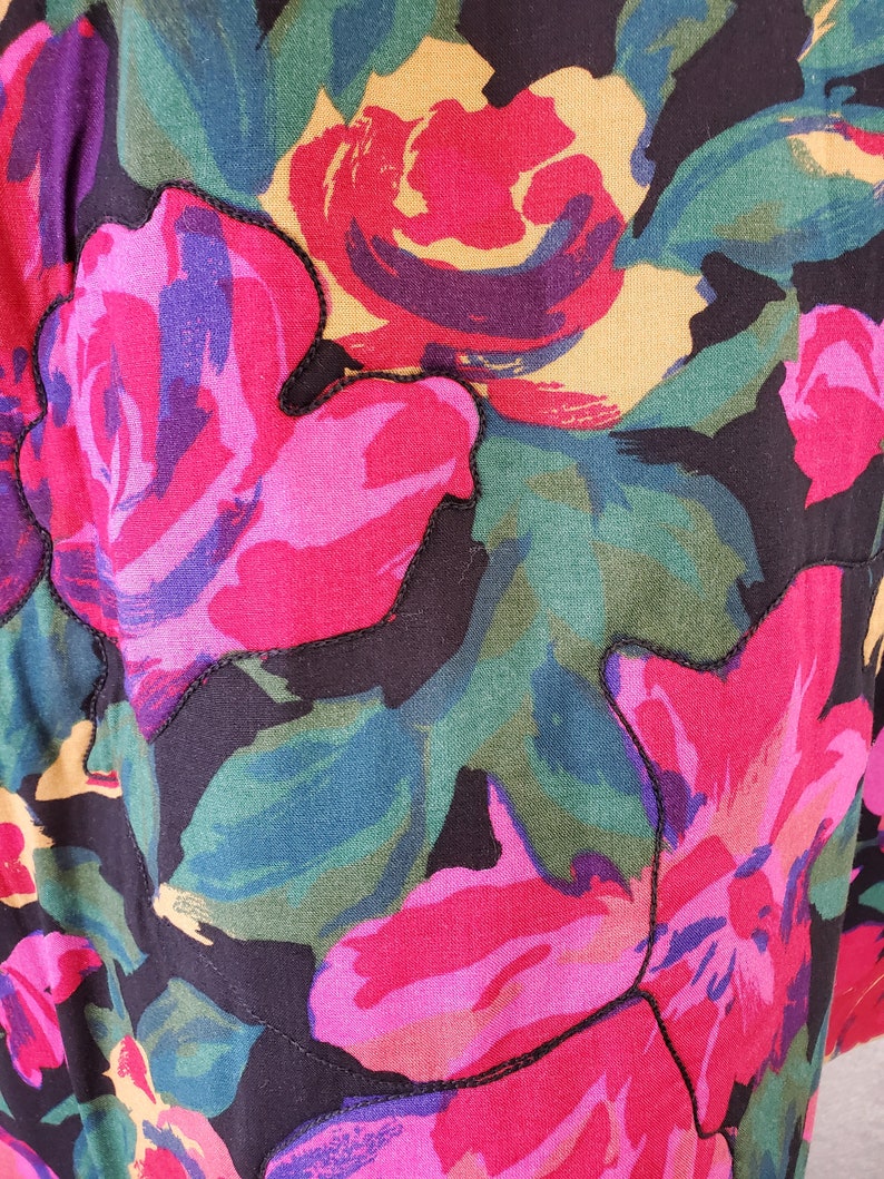 90s funky fugly flowers watercolor 80s vintage black drop waist dress with quilted pink /& yellow floral skirt and trim size medium large