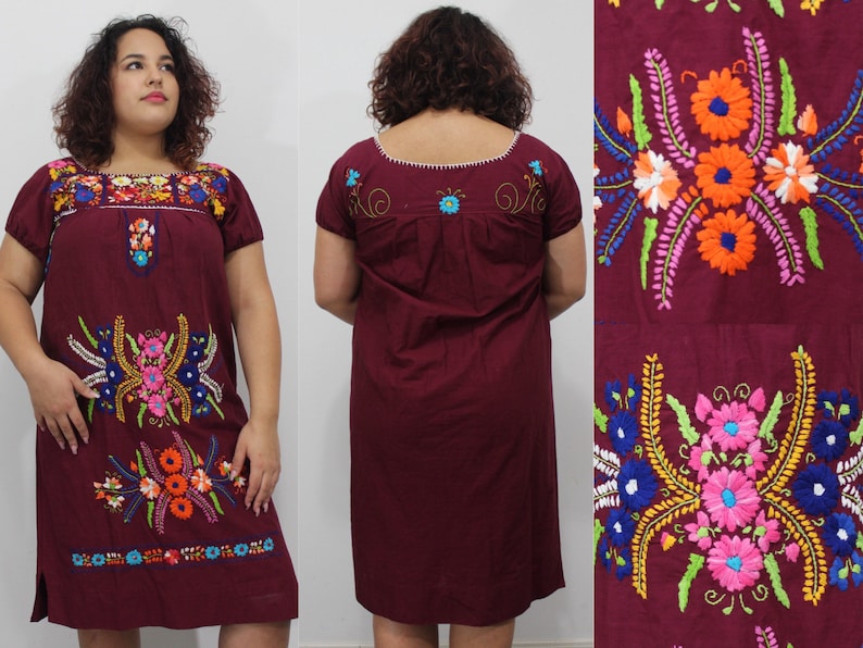 70s vintage maroon Oaxacan cototn mexican embroidered bohemian dress size medium large XL XXL