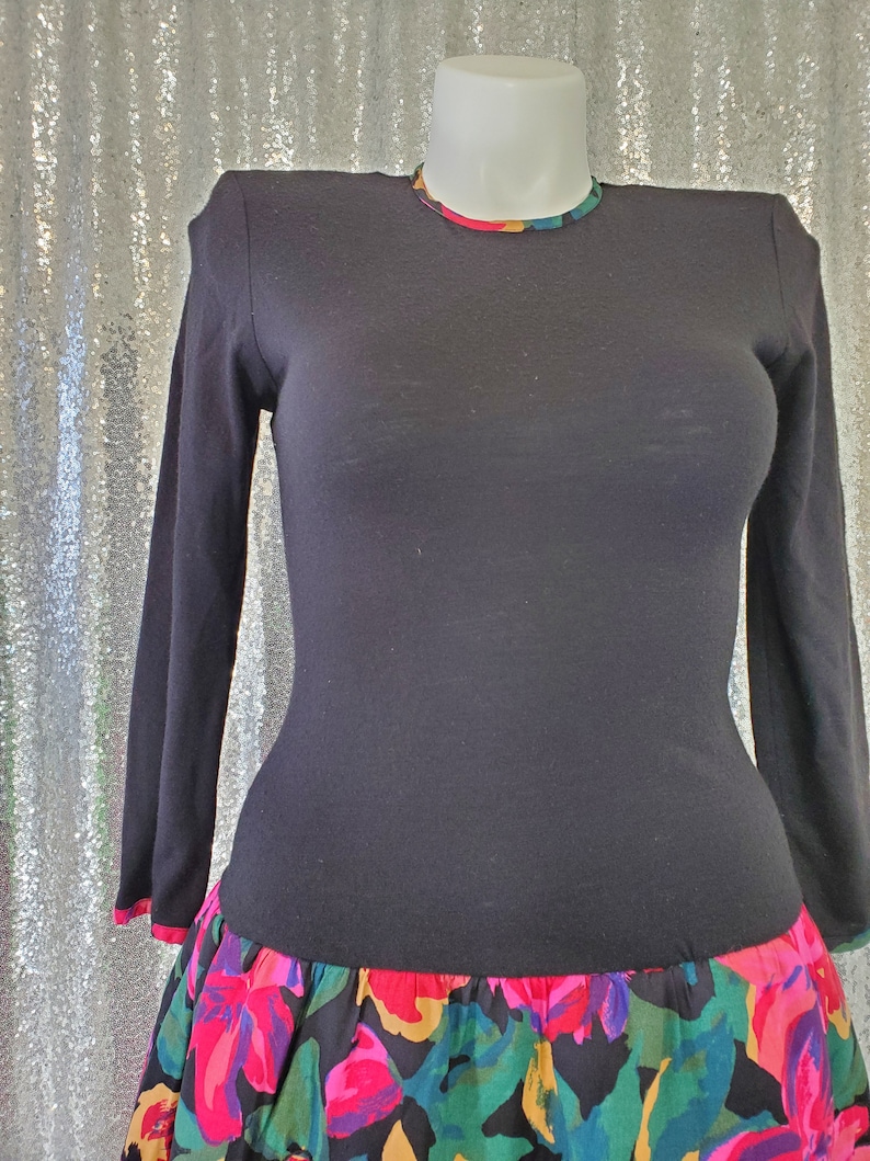 90s funky fugly flowers watercolor 80s vintage black drop waist dress with quilted pink /& yellow floral skirt and trim size medium large