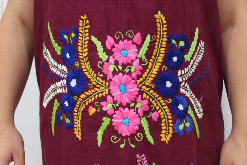 70s vintage maroon Oaxacan cototn mexican embroidered bohemian dress size medium large XL XXL
