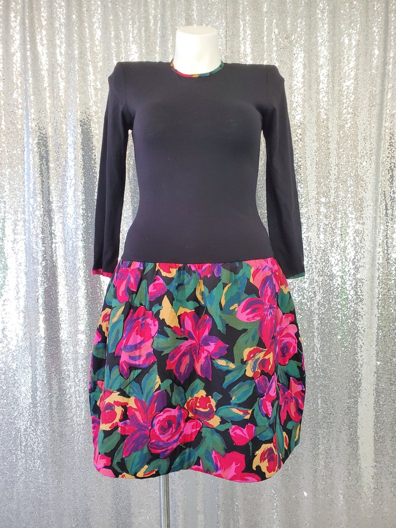 90s funky fugly flowers watercolor 80s vintage black drop waist dress with quilted pink /& yellow floral skirt and trim size medium large