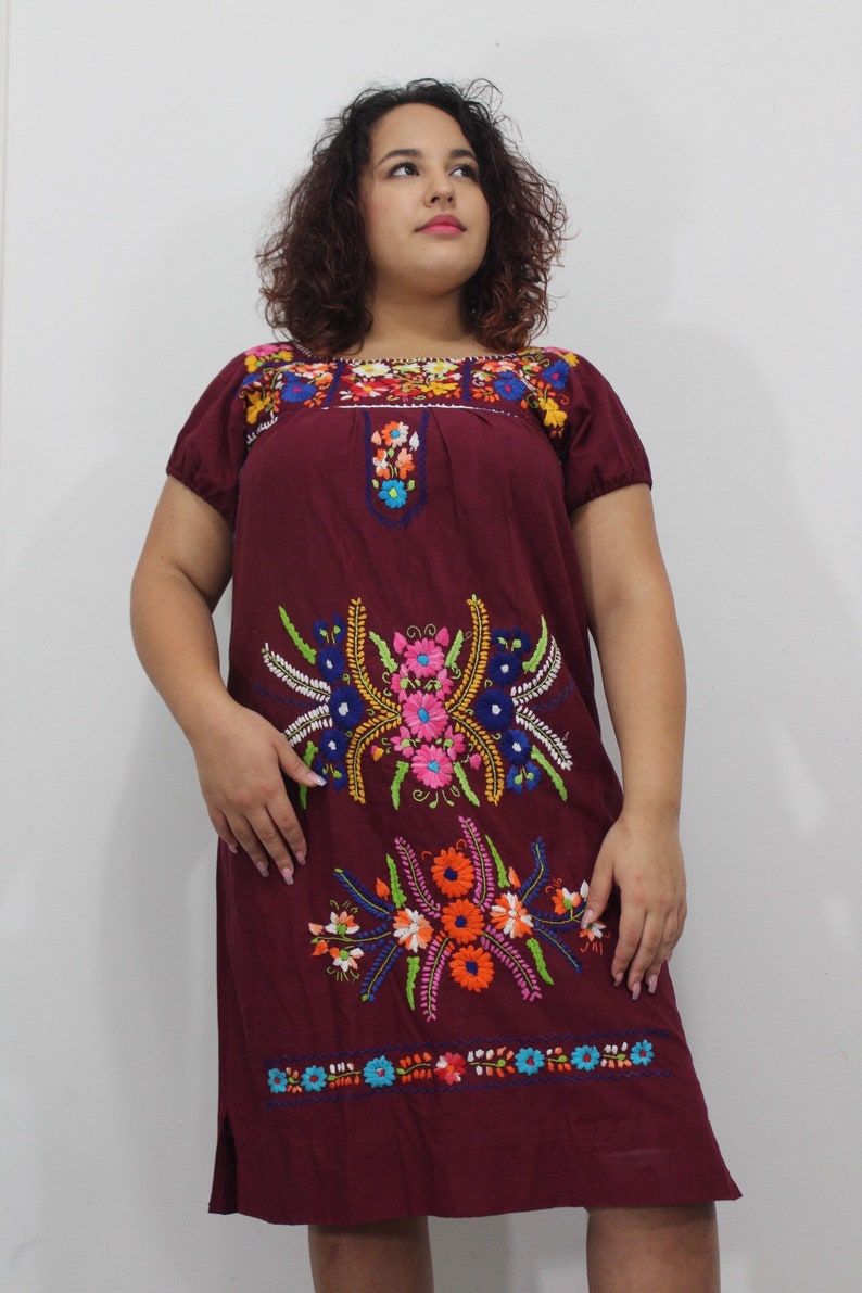 70s vintage maroon Oaxacan cototn mexican embroidered bohemian dress size medium large XL XXL