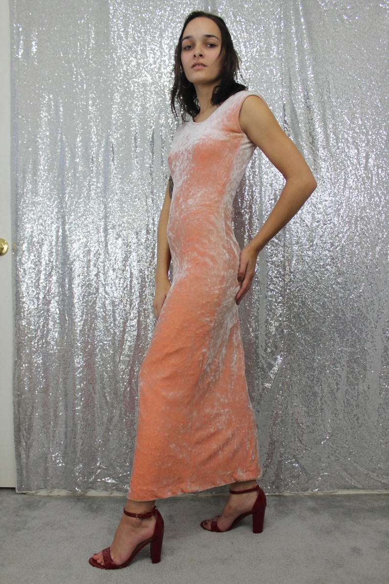 70s vintage pink peach velvet long maxi dress with asymmetrical neckline and rheinstone trim size XS small