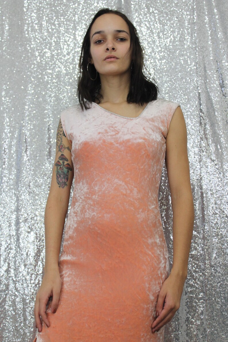 70s vintage pink peach velvet long maxi dress with asymmetrical neckline and rheinstone trim size XS small