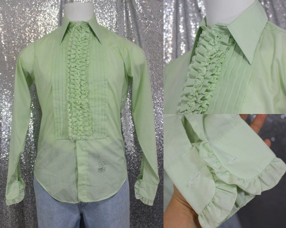 70s vintage pastel mint green ruffle pointed colla