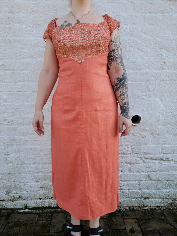 50s / 60s coral pink linen wiggle cocktail dress … - image 8