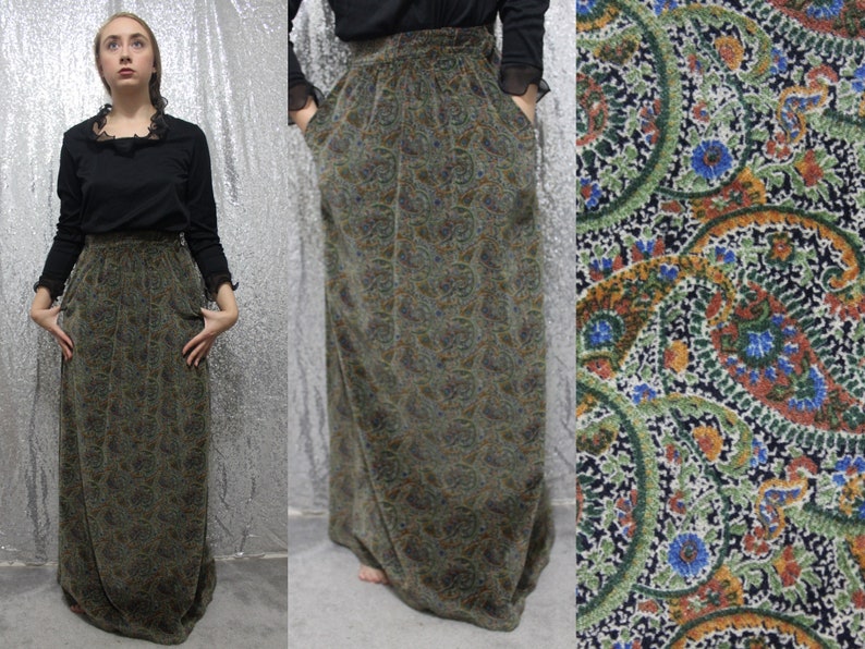 60s 70s vintage paisley real velvet long maxi skirt in earthtones size small medium
