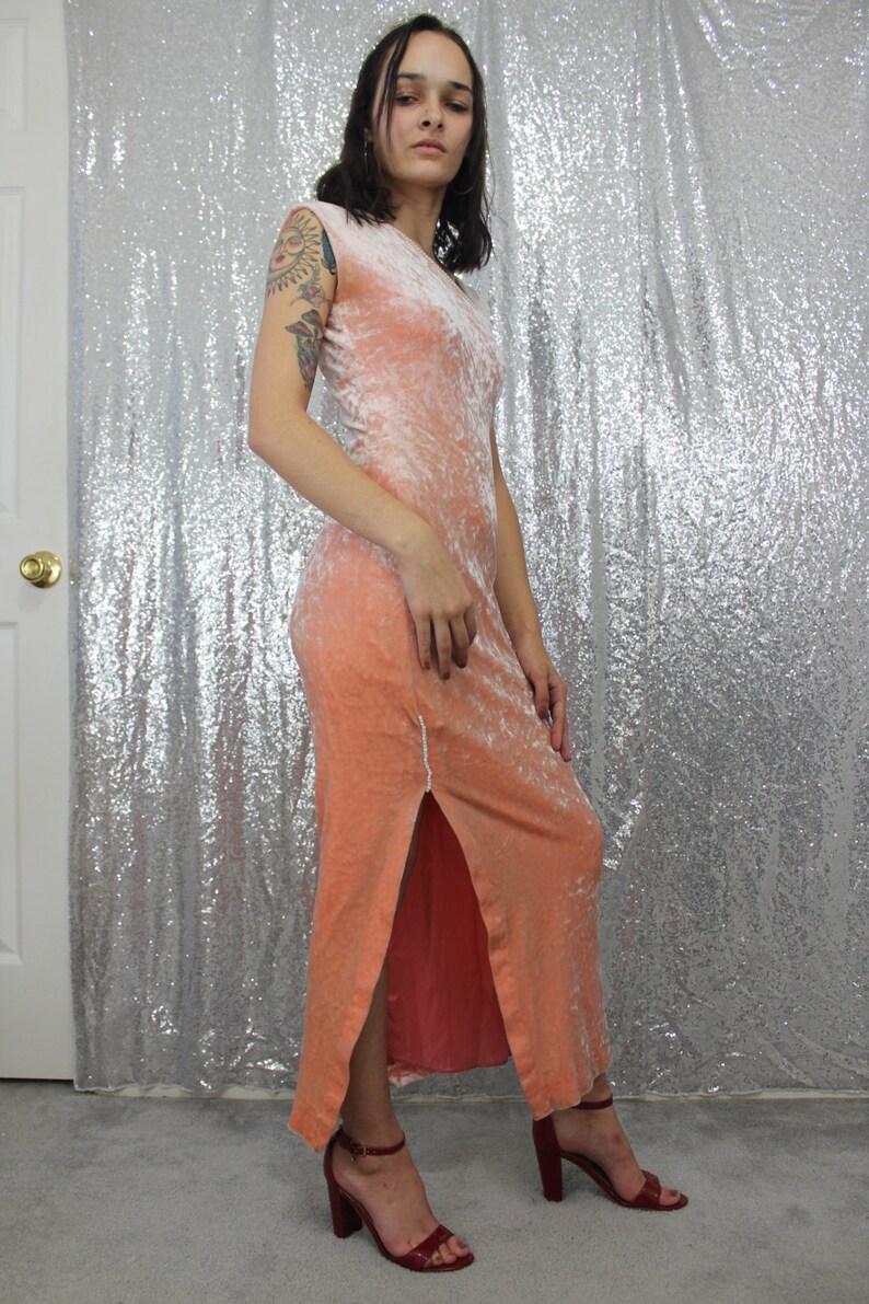 70s vintage pink peach velvet long maxi dress with asymmetrical neckline and rheinstone trim size XS small