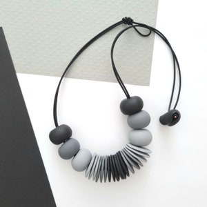 POLYMER CLAY NECKLACE, black gray necklace, monochrome jewelry, black necklace, polymer clay jewelry, gift for her, beaded necklace