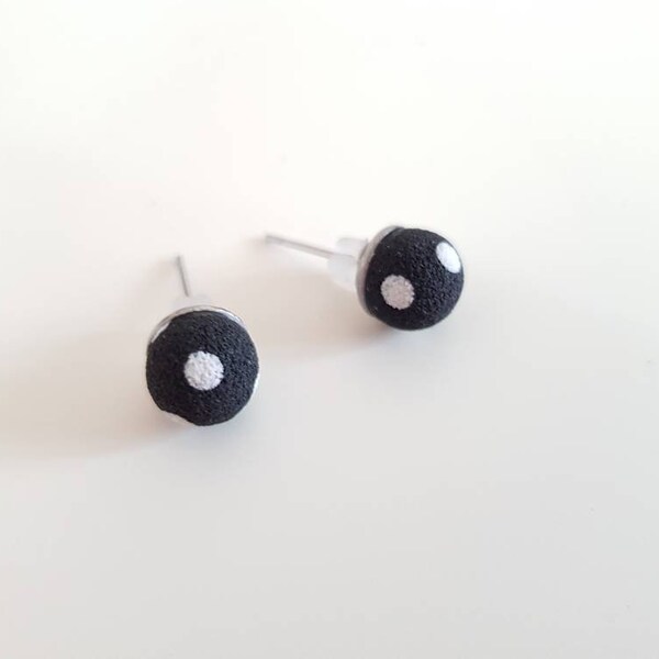 Black earrings,white polka dot earrings, stud earrings, polymer clay mini earrings