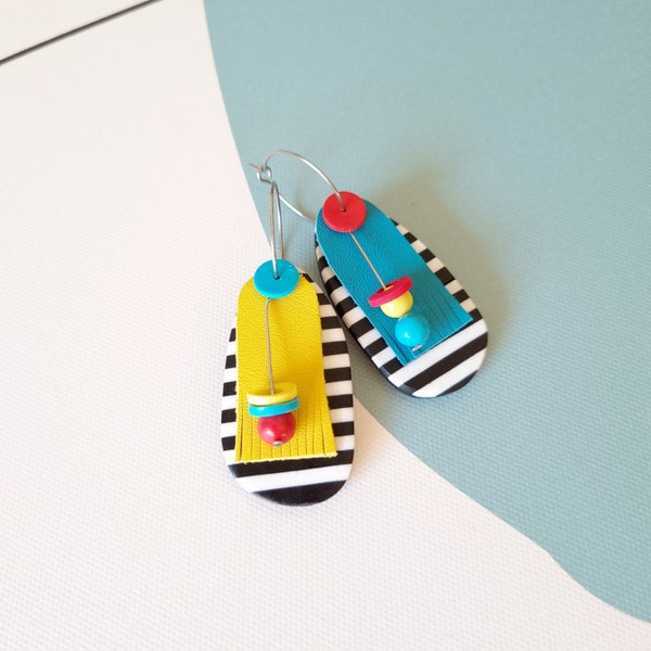 Colorful earrings, leather and polymer clay earrings, gift for her, statement earrings, layers earrings, dangle earrings