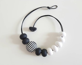 Black and White Polymer Clay Beaded Necklace, Modern Striped Jewelry