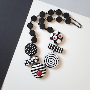 Polymer clay necklace,black and white necklace, asymetric necklace, long necklace, art necklace, modern necklace, gift for her